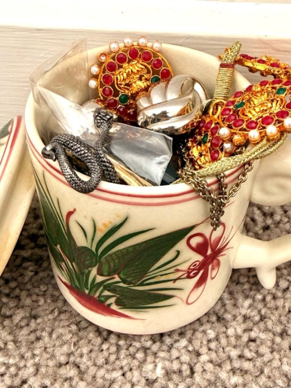 Costume Jewelry Lot with Floral Ceramic Mug and Lid